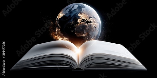 An open book with a floating planet above symbolizing knowledge and cultural diversity in a vibrant world