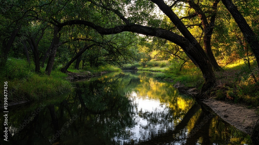 A tranquil stream flowing through a lush green forest landscape A tranquil stream flowing through a lush green forest landscape