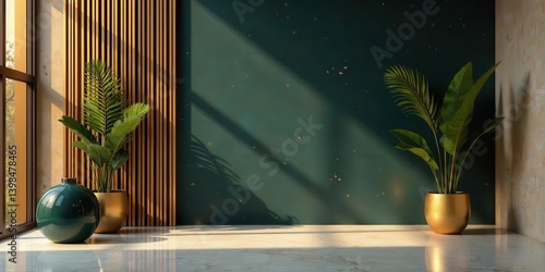 Serene Interior Design with Tropical Plants and Golden Accents on a Dark Green Wall