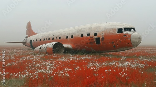 Wallpaper Mural Forgotten Wings: A Rusty Airplane in a Sea of Red Flowers Torontodigital.ca