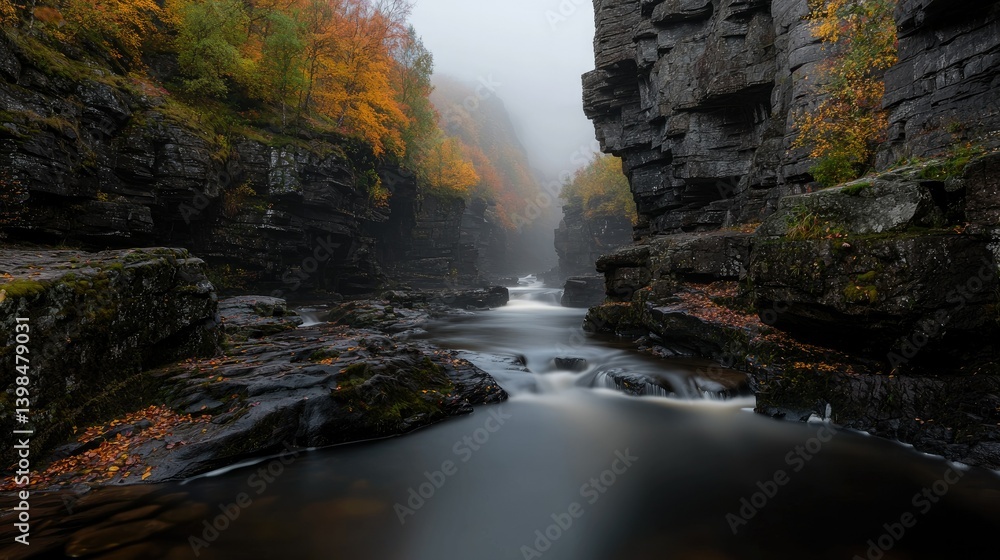 Fototapeta premium A canyon with a flowing river surrounded by fall foliage