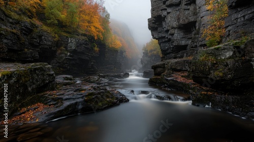 A canyon with a flowing river surrounded by fall foliage