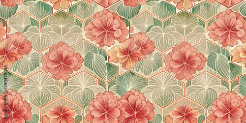 Colorful floral pattern with hexagonal shapes, featuring peach and green tones.