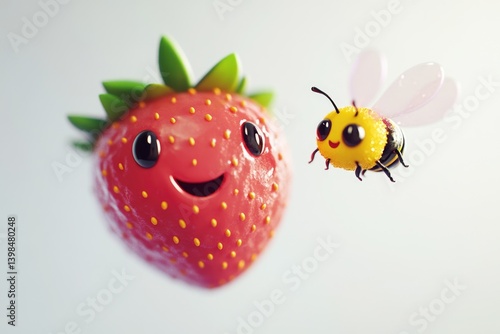 A happy cartoon strawberry and a cute bumblebee are shown together in a 3D render.