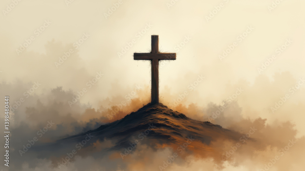 Obraz premium A dramatic painting of a cross on top of a hill under a stormy sky.