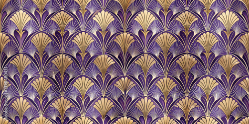 Elegant Art Deco pattern featuring purple and gold fan motifs.