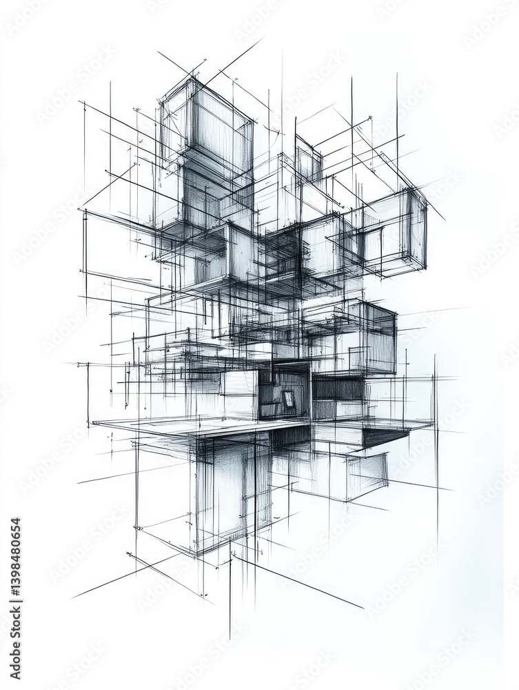 Fototapeta premium Abstract architectural sketch featuring intersecting geometric forms rendered in shades of gray on a white background.
