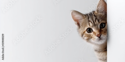 Adorable kitten playfully peeking out from behind a wall against a bright white background in soft natural light