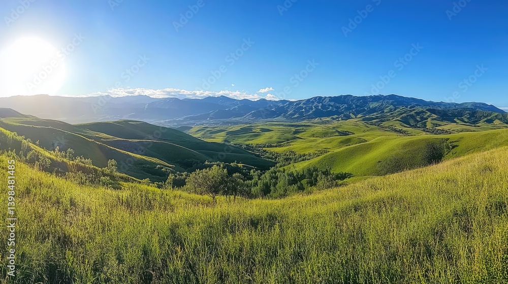 Fototapeta premium Sunlit Green Valley And Majestic Mountain Range