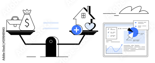 Scales balancing moneybag and house with heart, showcasing wealth and health balance. Interactive digital charts emphasize financial planning. Ideal for finance, economy, investment, decision-making