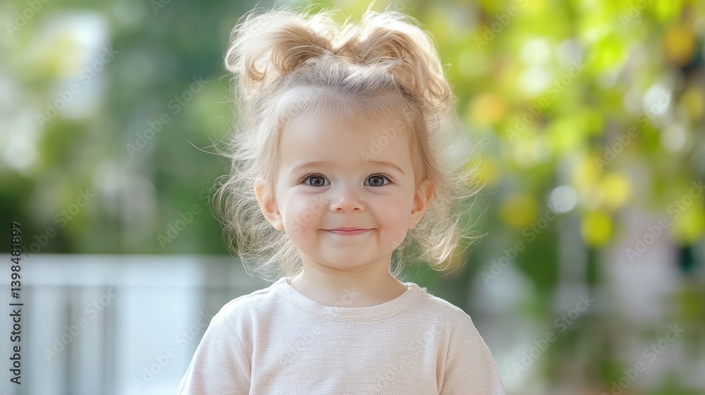 Toddler Girl with Hair Buns, Soft Cream Outfit, Natural Light Portrait, High-Resolution, Close-Up Shot, Happy Expression, Blurred Green Garden, Warm Gentle Hues, Ideal for Childcare Marketing Toddler Girl with Hair Buns, Soft Cream Outfit, Natural Light Portrait, High-Resolution, Close-Up Shot, Happy Expression, Blurred Green Garden, Warm Gentle Hues, Ideal for Childcare Marketing