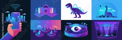 Creative AR and MR icons with virtual city, holograms, and fantasy elements – Great for gaming content, virtual world design, or educational tools