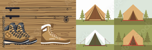 Outdoor adventure icons of hiking boots, fishing rods, and camping tents – Perfect for tourism guides, camping promotions, or hiking event materials