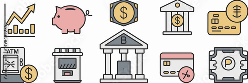 Simplified finance and banking icon set – Perfect for fintech presentations, online banking platforms, or economic education.
