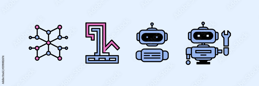 Obraz premium AI and machine learning icon set with neural network, chatbot, and robot – Ideal for tech blog graphics, AI product branding, or educational infographics