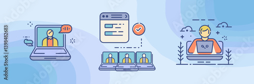 Work-from-home icon set with digital workspace tools – Ideal for productivity blogs, remote team platforms, or business marketing.