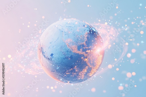 A pastel-colored Earth with glowing city lights, surrounded by sparkling particles, representing global connection and technology.