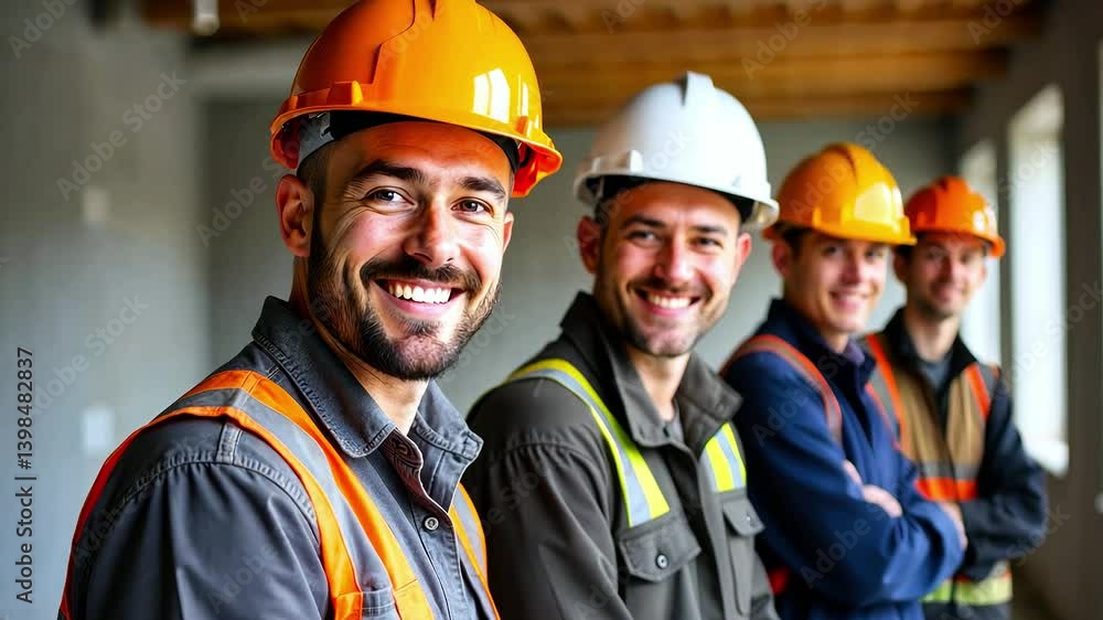 Construction workers in professional clothes and hard hats looking at the camera and smiling, against a blurred background of a construction site, indoors Construction workers in professional clothes and hard hats looking at the camera and smiling, against a blurred background of a construction site, indoors