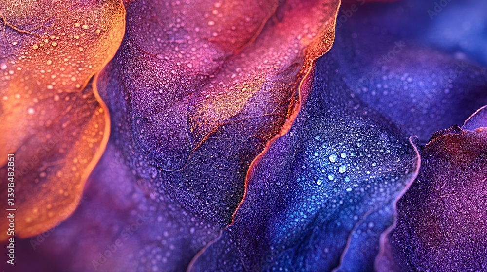 Vibrant abstract textures in deep purple and orange hues. The fluidity and sparkle add a mesmerizing effect. Perfect for backgrounds or artistic designs. Generative AI