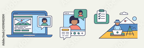Remote work icon set with laptop, video call, checklist, and beach setting – Perfect for freelance life promotions, work travel platforms, or remote career branding