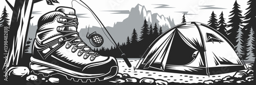 Outdoor adventure vector of hiking boot, fishing rod, and tent in mountain landscape – Suitable for camping gear promotions, eco-tourism guides, or nature publications