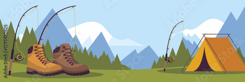 Hiking boots, fishing rods, and tents in vector adventure scene – Ideal for eco-travel brochures, nature-based branding, or outdoor recreation content