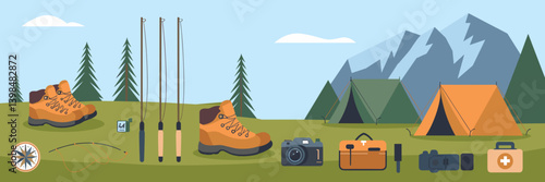 Vector outdoor scene with hiking boots, fishing rods, camping tents, and gear icons – Suitable for camping guides, survival kits, or outdoor gear branding