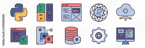 Programming icon set with database and cloud computing symbols – Ideal for backend architecture presentations, coding blogs, or tech education