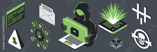 Isometric icons of hacker activity and dark web crimes – Suitable for digital forensics tools, security firm presentations, or cyber risk visuals