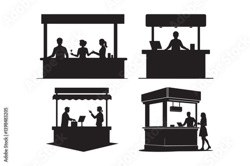 Silhouette Vector Set of Market and Food Stalls with People Interactions