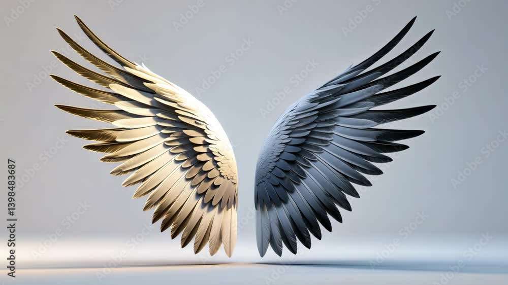Feathers of a wing displayed on a white backdrop Feathers of a wing displayed on a white backdrop