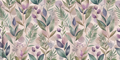 Elegant floral pattern with soft purple and green hues on a light background.