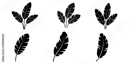 banana leaf black silhouette, banana leaf icon silhouette vector, banana leaf silhouette collection, Black and white banana leaves graphic design pro vector.