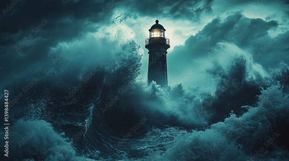 A lone lighthouse stands tall against a turbulent sea. Stormy waves crash around it. Light pierces through the darkness. A symbol of hope amid chaos. Generative AI