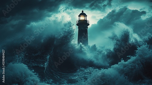 Obraz na płótnie A lone lighthouse stands tall against a turbulent sea. Stormy waves crash around it. Light pierces through the darkness. A symbol of hope amid chaos. Generative AI w salonie