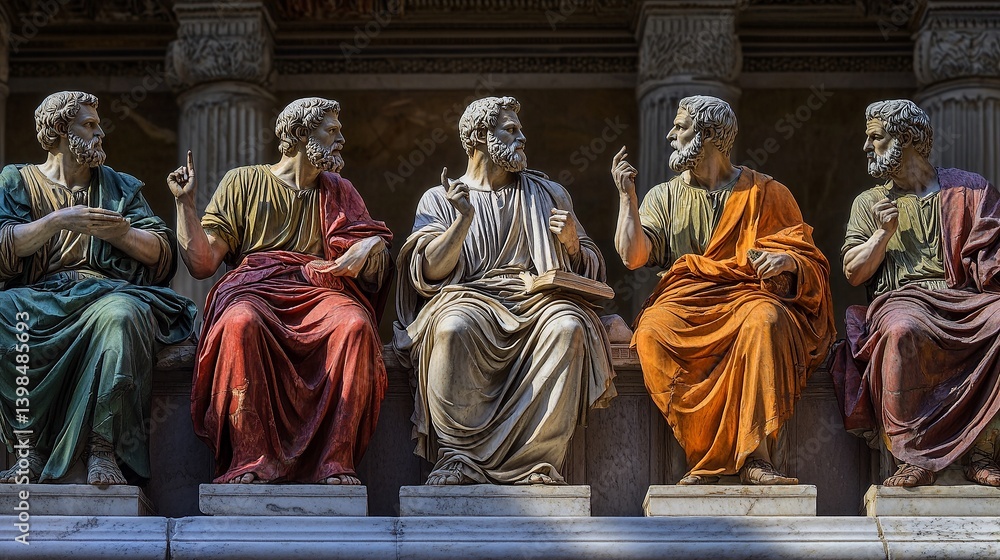 Five great thinkers share wisdom and dialogue in a timeless setting. Their expressions convey deep thought and philosophy. A rich exploration of intellect and collaboration. Generative AI