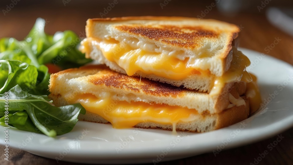 Savory grilled cheese sandwich with fresh greens on a white plate Savory grilled cheese sandwich with fresh greens on a white plate