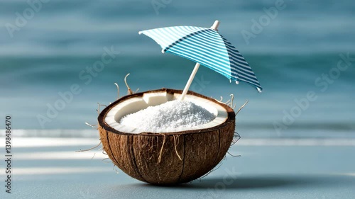 Wallpaper Mural Tropical beach concept showcasing coconut fruit and a sun umbrella. Creative minimalist summer idea. Torontodigital.ca