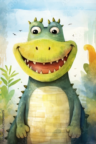 Happy, Cartoon Dinosaur Smiling in a Lush Prehistoric Jungle Setting, Watercolor Illustration