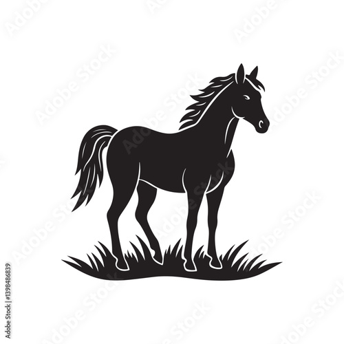 Horse Silhouette Standing on Grass Vector Illustration