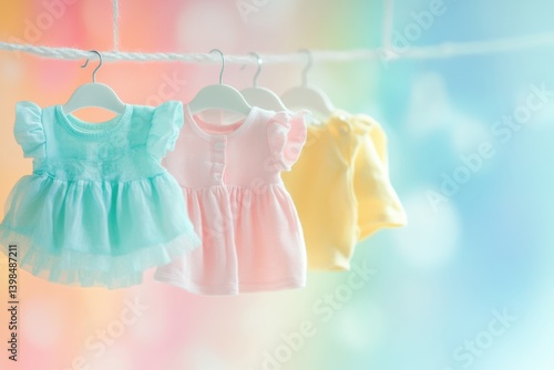 Delicate baby clothing hangers display tiny dresses and shirts on a soft, vibrant background for a dreamy and clean aesthetic in a cozy nursery setting