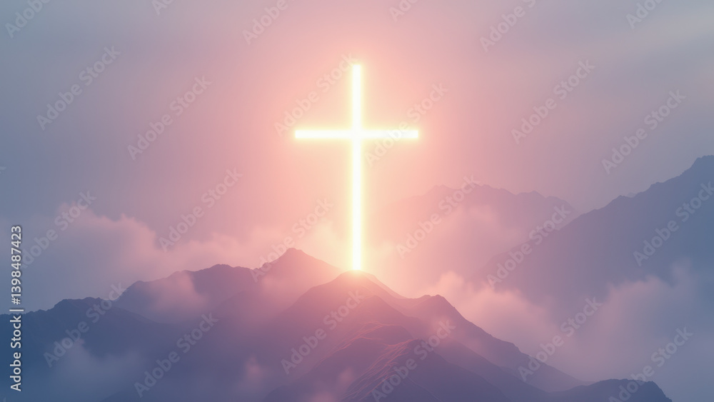 Fototapeta premium Sunrise with a Cross silhouette on a mountaintop.
