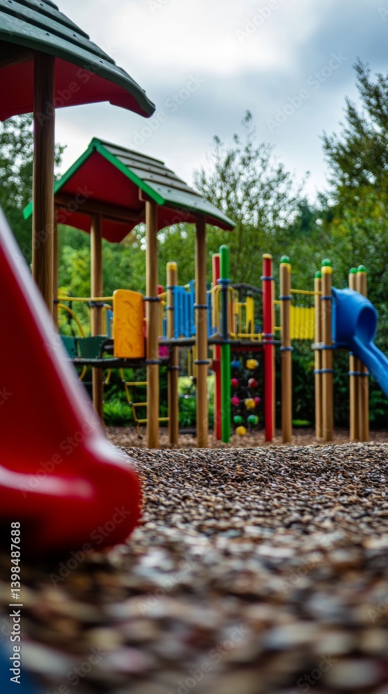 A vibrant playground scene showcased through colorful equipment. This inviting space encourages play and imagination for children of all ages. Generative AI