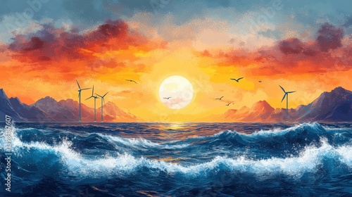 Serene sunset over ocean waves with wind turbines and birds flying in the background