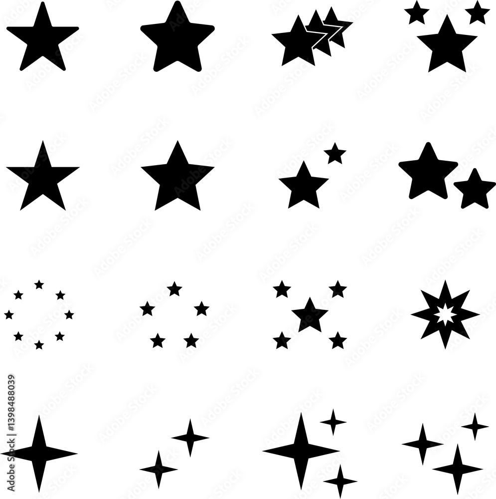 Minimalist silhouette stars icon set, twinkle shining star shape symbols, icons, elements. Modern geometric sparkle black silhouettes sign Minimalist silhouette stars icon set, twinkle shining star shape symbols, icons, elements. Modern geometric sparkle black silhouettes sign