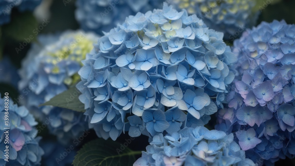Hydrangea blooms in various shades of blue in a lush garden setting Hydrangea blooms in various shades of blue in a lush garden setting