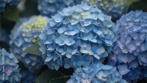 Hydrangea blooms in various shades of blue in a lush garden setting