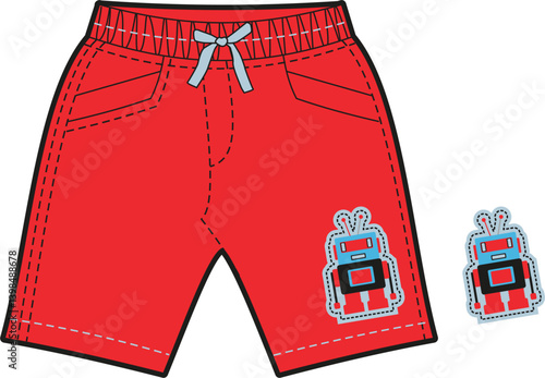 Red shorts for boys with robot cartoon design