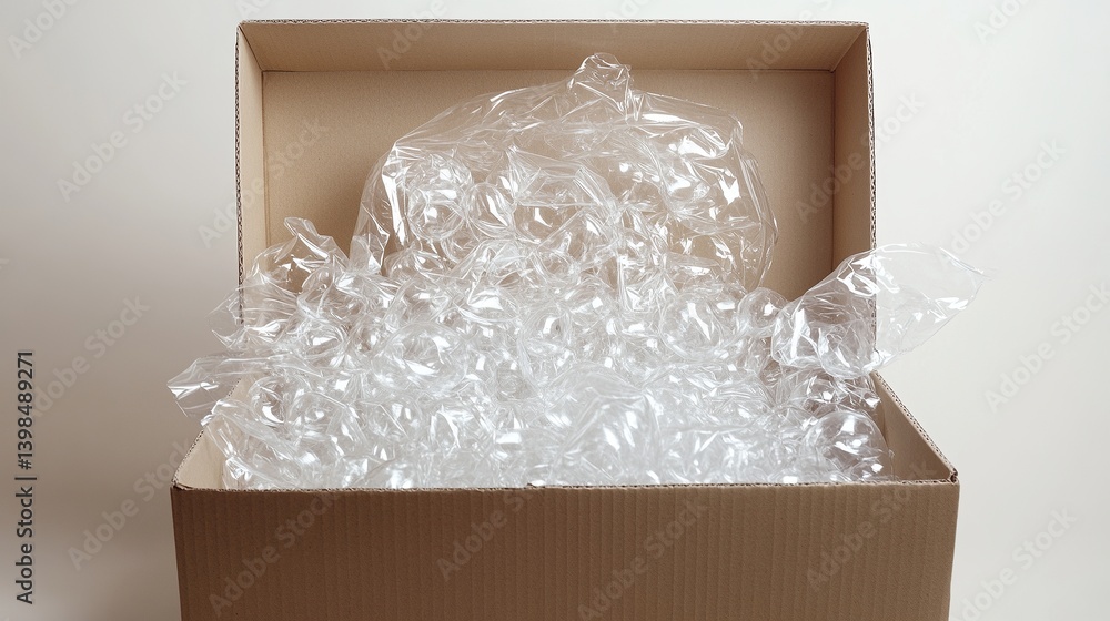 An overflowing cardboard box filled with bubble wrap creates a playful and intriguing scene. The texture of the plastic is captivating. Generative AI