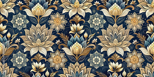 Intricate floral pattern featuring elegant gold and blue blooms on a dark background.
